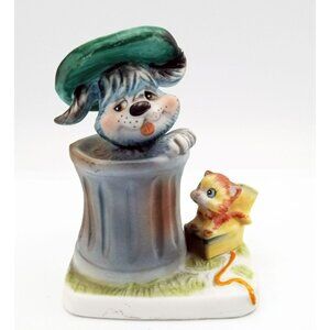 Norcross Puppy in Garbage Can Cat Friend Porcelain Bisque Vintage 1980 3.25 Inch